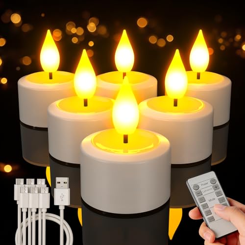 Image of PChero 6 Pack Rechargeable Flameless Tea Lights Candles with Remote Timer | Realistic LED Flickering Tea Lights with USB Rechargeable, Remote Timer, Adjustable Brightness for Home Decor