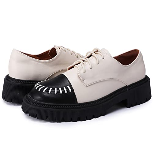 Odema Sapato feminino de bico redondo Oxfords com cadarço e salto médio grosso em dois tons, Branco,