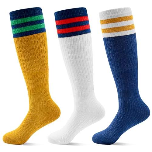 Girls Knee High Socks, Cotton Long Tube Socks for Toddler Boys Girls (1-12 Years) 3 Pairs