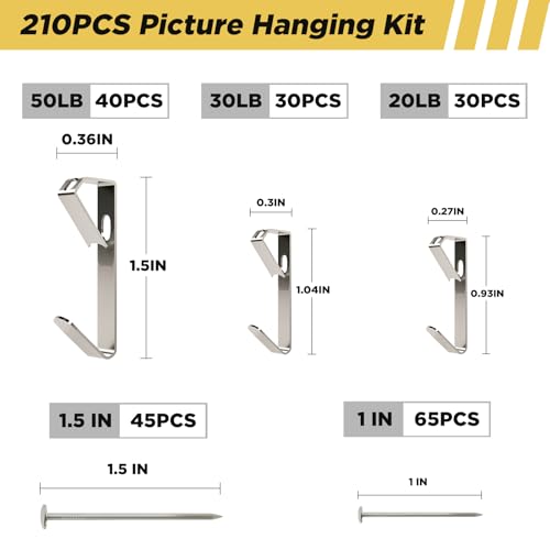 Image of Picture Hanging Hooks 210 Pieces,20lb, 30lb, and 50lb Picture Hangers ,Nails Hanging Kit, Metal Picture Hangers for Drywall Wooden Wall,Silver