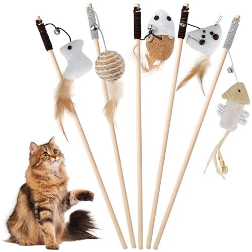 CUEMOON 5 Stück Katzenspielzeug-Set Mit Feder und Holzgriff, Interaktives Katzenangel Katze Spielzeug für Katzenbeschäftigung CUEMOON 5 Stück Katzenspielzeug-Set Mit Feder und Holzgriff, Interaktives Katzenangel Katze Spielzeug für Katzenbeschäftigung