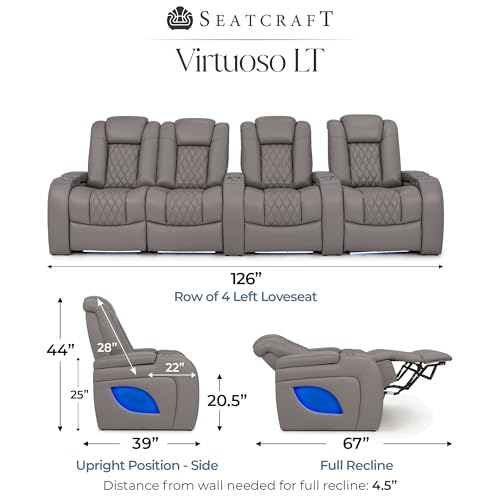 Image of Seatcraft Virtuoso LT Gray Italian Leather Home Theater Seating, Zero Gravity Power Recliner, Heat and Massage, Powered Headrest and Lumbar Gaming and Home Office Chair, Row of 4 Left Loveseats