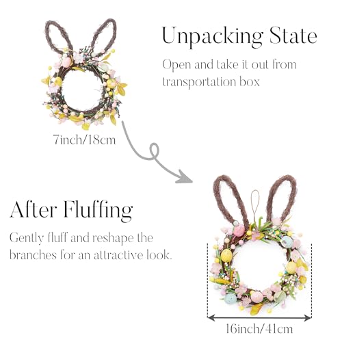 Valery Madelyn 16\'\' Easter Bunny Wreath for Front Door with Light, Pre-lit Spring Rabbit Wreath Decoration with Pastel Speckled Eggs & Berries, Artificial Farmhouse Wall Decor for Holiday Home Indoor - Thumbnail 6