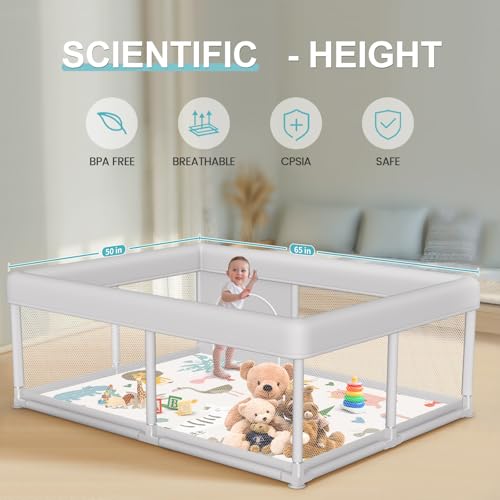 Image of Hiaksedt Baby Playpen with Mat 65 x 50 Inch, PlayPen for Babies and Toddlers, Sturdy Safety Play Yard for Indoor & Outdoor with Zipper Gates