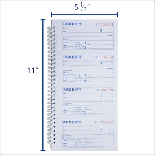 Money and Rent Receipt Book 3-Part Carbonless 5-1/2" x 11" Spiral Bound 100 Sets per Book 4 Receipts per Page, Receipt Book with Carbon Copies(1-Pack)