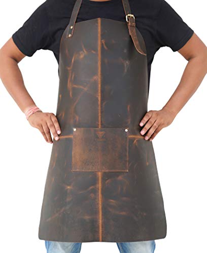 Tuzech Durable Leather Apron Utility Tool With Pocket For Che||Butcher||Metalworker||Carpenter||Blacksmith||Heavy Duty Handmade Adjustable Tool Apron -30.5x23.5 Inches (Front Single Pocket))