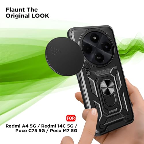 Image of AIBEX Back Cover for Poco M7 5G / Redmi 14C 5G / Redmi A4 5G / Poco C75 5G | D10 Tough Armor Case | Sliding Camera Shield | 360 Protection | Kickstand Ring Holder | Military-Grade Shockproof Bumper