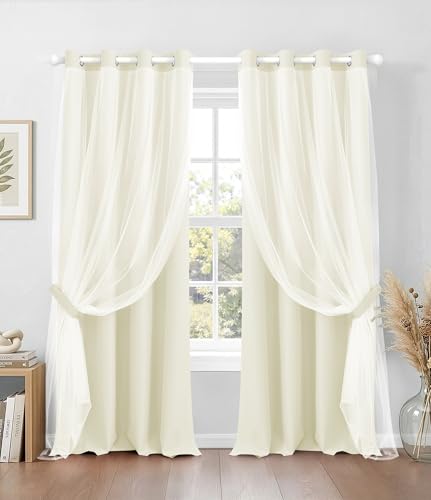 Image of 100% Blackout Curtains with Sheer, Beige, 52 x 108 inch, 2 Panels | For Bedroom Living Room Window, Room Darkening, Thermal Insulated, Grommet Top, Summer Heat Blocking, Double Layer Design