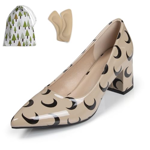 Pointed Toe Low Block Pumps for Women 2 Inch Closed Toe Slip-On Heels with Moon Print Comfortable Patent Leather Dress Heels Work Dating Party Shoes