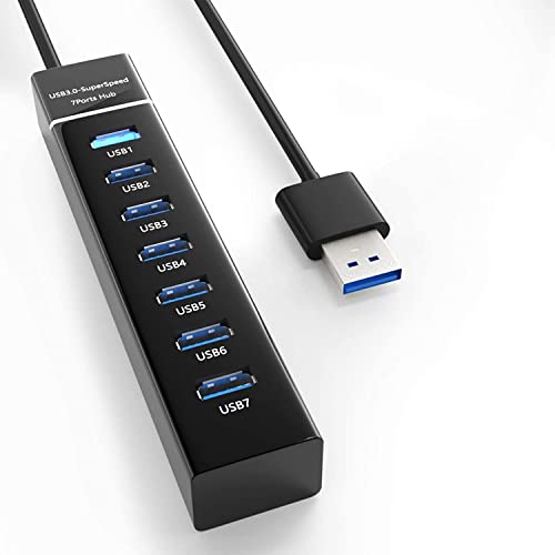 Electro Wolf 7 Port USB 3.0 Hub with Individual Power Switches and LED Lights, High-Speed Data Hub Splitter Portable USB Extension Hub for PC Laptop and More (Black)