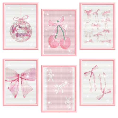 Chunful 6 Pcs Pink Bow Diamond Painting Kits, DIY Painting for Adults Diamond Crafts Aesthetic Room Decor Cute Coquette Bow Pictures 5d Craft Wall Decor for Home, 10 x 11.8''
