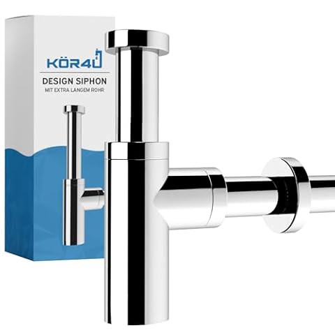 kör4u Premium Design syfon okrągły, chrom, uniwersalny – 1 1/4 cala x 32 mm, w zestawie uszczelki, zamknięcie zapachowe, syfon do umywalki w łazience, długa rura odpływowa