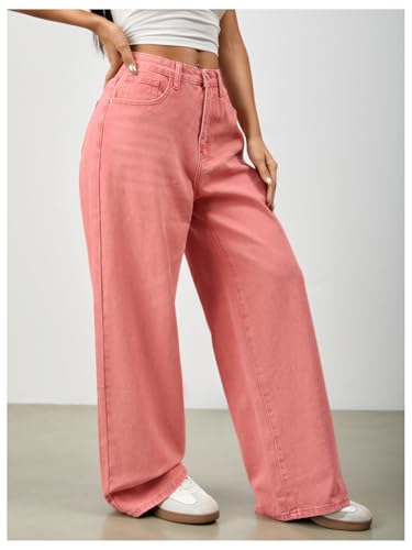 Floerns Women's Solid High Waist Baggy Denim Pants Wide Leg Streetwear Jeans4