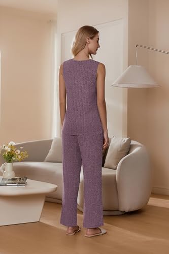 Ekouaer Women's 2 Piece Lounge Set 2025 Summer Matching Sets Sleeveless V-neck Tank Top Long Pants Pajamas Knit Outfits2