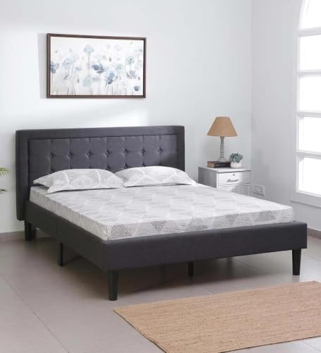 Image of Mintwud Pepperfry Upholstered Queen Size Bed Without Storage for Bedroom Furniture Solid Wood Fabric Bed Wooden Double Bed Cot Palang for Home Living Room and Hotels (Black Finish)