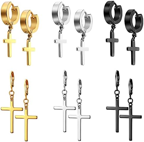 JELIEE 6 Pairs Cross Earrings Crucifix Drop Earrings Jewelry Dangle Hinged Earrings Stainless Steel Cross Hoop Earrings Stud Earrings Black Silver Gold Earrings for Men and Women