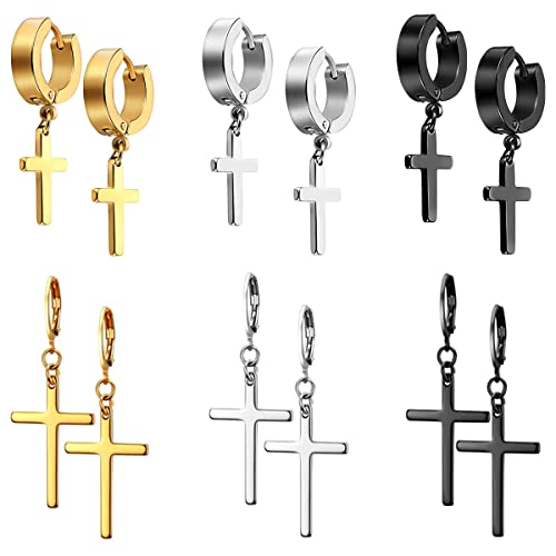 6 Pairs Cross Earrings Crucifix Drop Earrings Jewelry Dangle Hinged Earrings Stainless Steel Cross Hoop Earrings Stud Earrings Black Silver Gold Earrings for Men and Women
