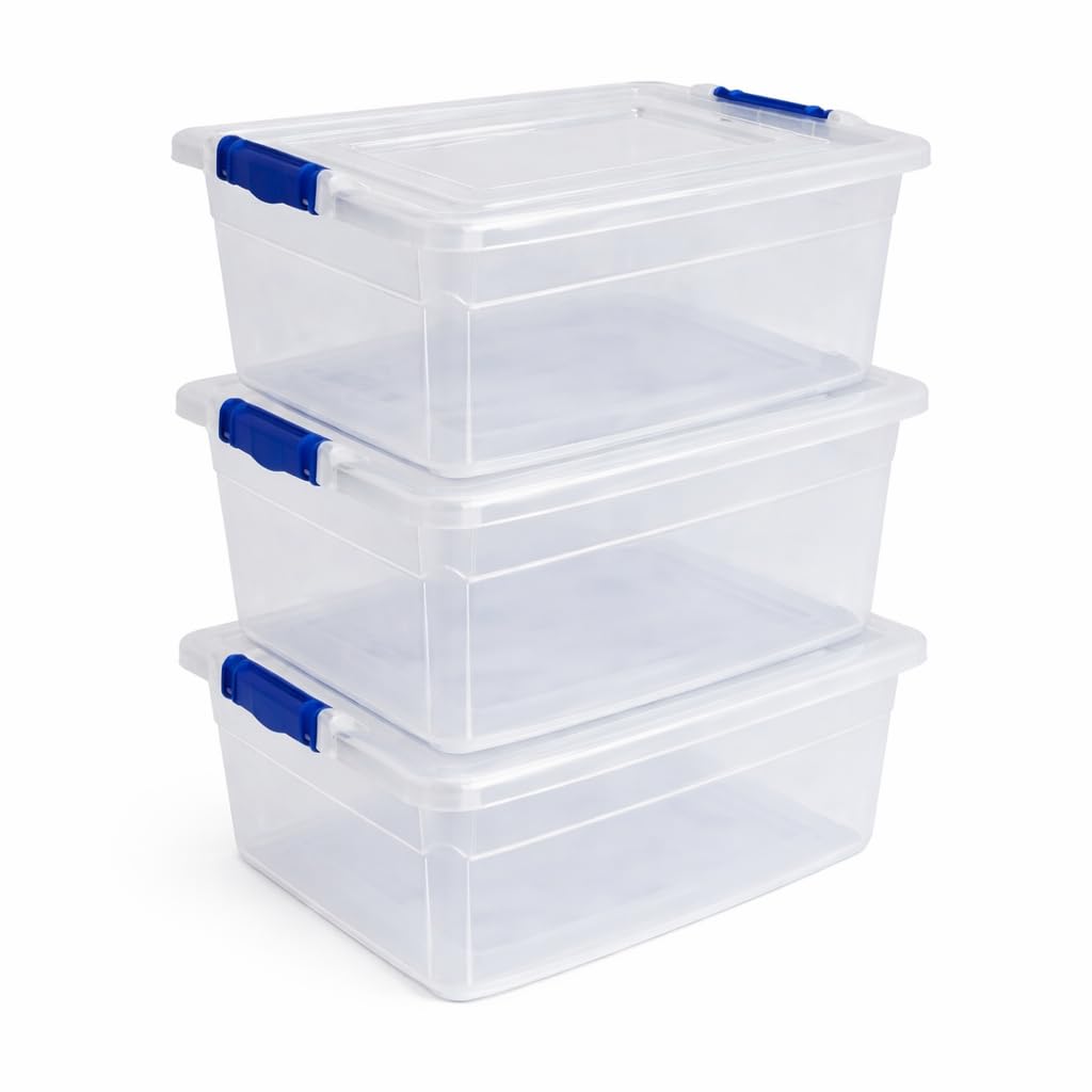Stash'd Storage Pack Of 3 Stash’d Storage 32L, 50L, Or 80L Storage Boxes With Lids - Stackable Clear Plastic Boxes With Clip-Lock Lid - Durable & Multipurpose Storage Box For Home, Office & Garage (, 32 Litre)