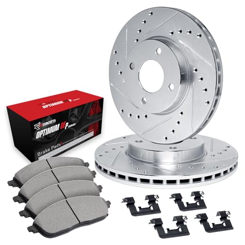 Image of R1 Concepts Front Brake Kit Fits 2018-2020 Nissan Kicks; 2020-2025 Nissan Versa; 2021-2024 Nissan Kicks Rear Drum S| Optimum Oep Pads, Drilled Slotted Rotors| Hardware| 10.2 inch Front