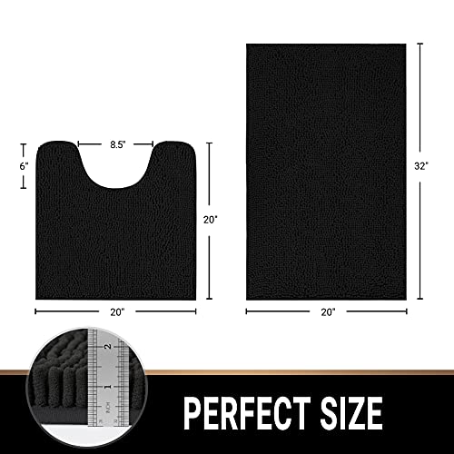 Mayshine 2 Piece Chenille Bathroom Rug Toilet Set, Ultra Soft Shaggy Non Slip Toilet Mats, Water Absorbent, Machine Washable Plush Bath Mat Contour And Rectangle (Black, 32X20 / 20X20 Inches U-Shaped) #TOP2