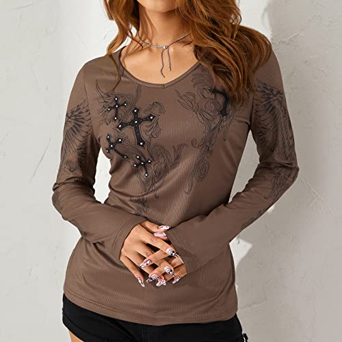Image of Grunge Clothes for Women Y2K Tops Long Sleeve Fairy Grunge Aesthetic Shirts Teen Girls Vintage Graphic Tees Fall