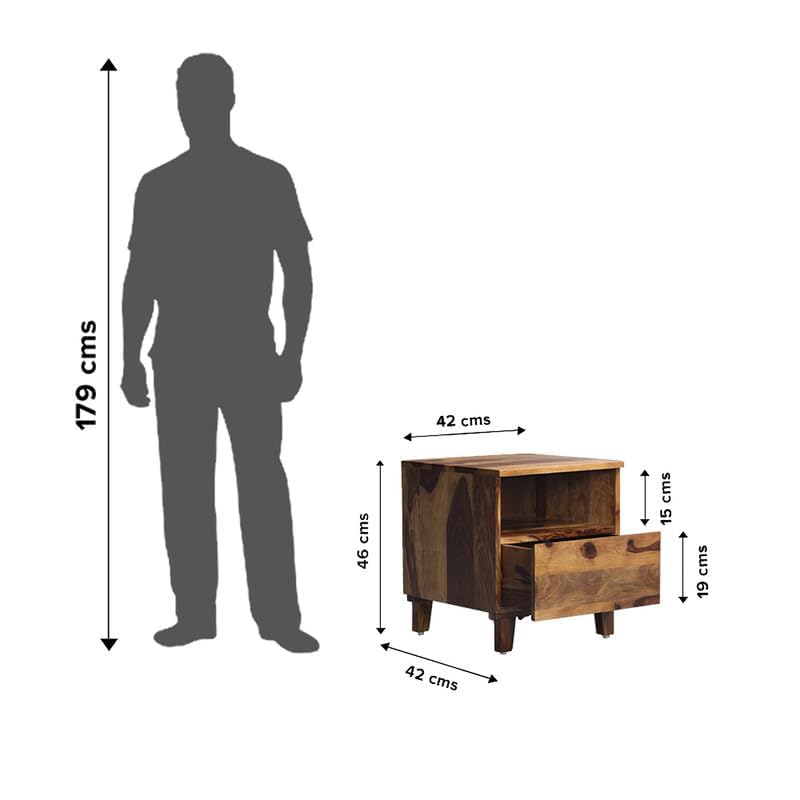 Image of Solid Sheesham Wood Bedside Table for Bedroom | Modern Wooden Nightstand with Storage Shelf & Drawer (Honey Finish)