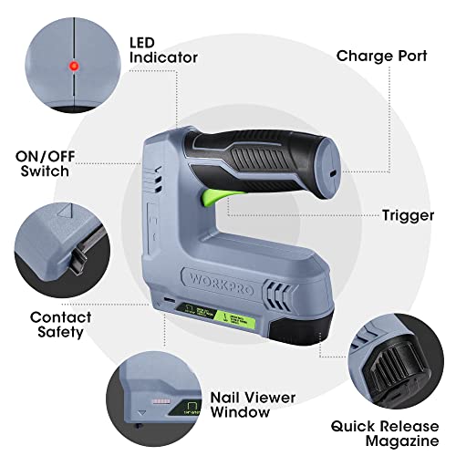 Image of WORKPRO 2-in-1 Electric Cordless 3.6V Power Staple and Nail Gun, 2.0Ah Battery Powered Stapler for Upholstery, Carpentry, Crafts, DIY, Including USB Charger Cable, 2000PCS of Staples and Nails, Grey