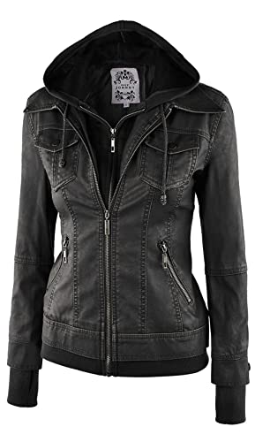 JOUJOU Women's Vegan Leather Jacket with Faux Fur Lining & Removable Fleece Inner Hoodie, Grey, Medium