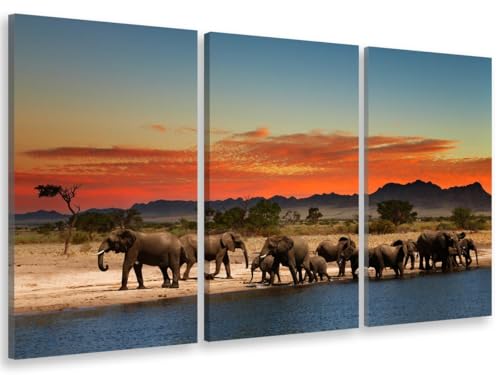 HXA DECO - Decoration Murale, Tableau Deco Tableau Mural Tableau Contemporain, Multi Panneaux, Tableau Triptyque Photo Elephants Se désaltérant - 90x60 cm