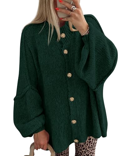 BTFBM Cardigan Sweaters for Women 2026 Fall Clothes Lantern Long Sleeve Button Open Front Chunky Knit Oversized Sweater(Dark Green, Large)