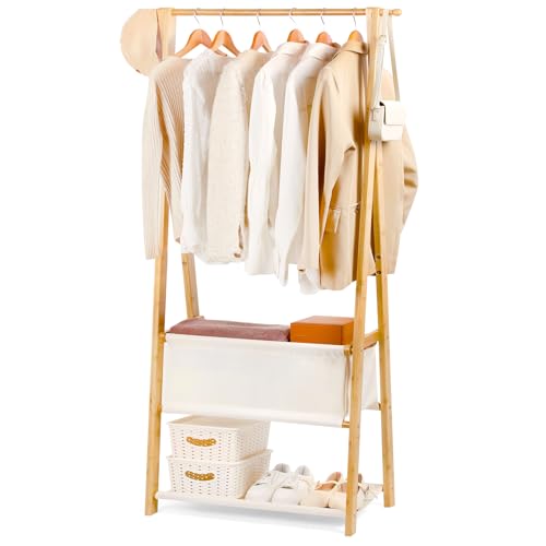 Relquorax Kleiderständer Bambus Garderobenständer offener Kleiderschrank mit Aufbewahrungstasche und Ablage Kleiderstange Haken stabil für Schlafzimmer Flur (S - 80cm)