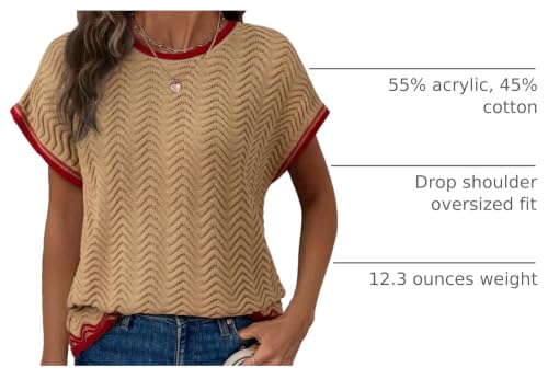 Image of Dokotoo Womens Summer Tops Casual Short Sleeve Wavy Crochet Crewneck Color Block Lightweight Knit Loose Pullover Sweaters