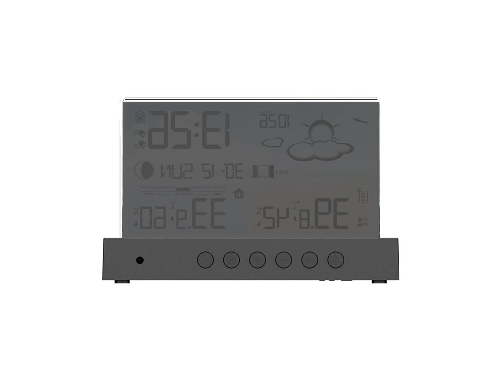 Stazione meteo a schermo piatto METEOFLEX digitale wireless con sensore esterno, igrometro & termometro, fasi lunari e avviso neve, aggiornamento automatico data e ora.