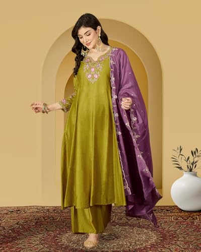 Image of Amazon Brand - Tavasya Women Cotton Blend Zari Sequin Thread EmbroideKurta Set with Palazzo and Dupatta for Daywear