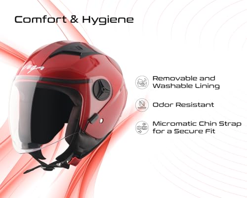 Image of Vega VO-05 Clark ISI Certified Open Face Motorcycle Helmet with High-Impact ABS Shell, Scratch-Resistant Visor, Comfortable Breathable Inner Padding & Secure Strap - Cherry Red - L