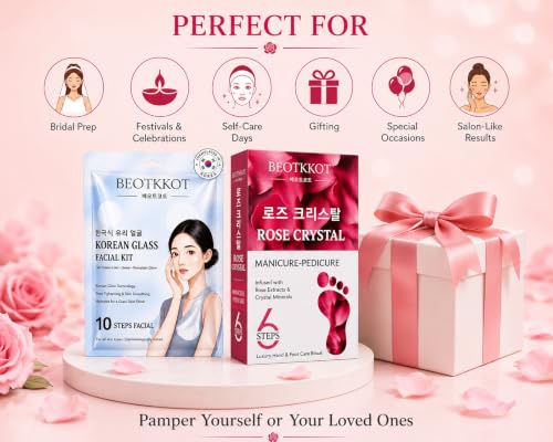 Image of FACIAL KIT (BEOTKKOT Korean Glass Facial Kit (10-Step) + Rose Crystal Manicure Pedicure Kit (6-Step) Combo)