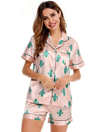 Image of SWOMOG Womens Silk Satin Pajamas Short Sleeve Sleepwear Button Down Loungewear Two-Piece Pj Set