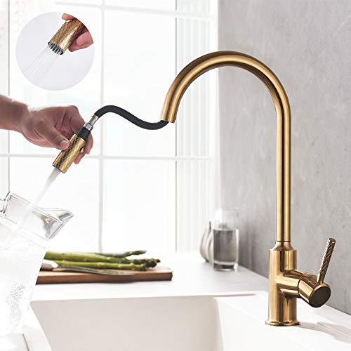 Wasserhahn Küche Gebürstetes Gold Küchenarmatur mit Brause Ausziehbar JUNSOTTOR 360° schwenkbar Spültischarmatur, Mischbatterie aus Messing Einhebelmischer Spültischbatterie Cover