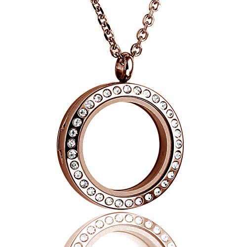 Bg247 Stainless Steel 30Mm Glass Floating Memory Living Locket Circle Necklace (Chocolate Gold Circle, Rhinestone) #TOP10