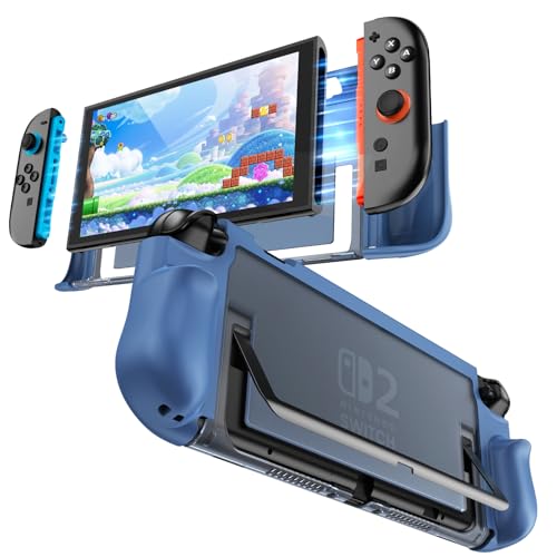 FIWWAT Dockable Case for Nintendo Switch 2, Comfortable Ergonomic Anti-Slip Grip Cover, Fit for Switch 2 Stand, Quick-Release JoyCons, Slim Protective Shock-Absorbing Case - Blue