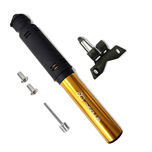 CYCPLUS Mini Portable Bike Tire Pump Bicycle Fram Mount Pump Fits Presta & Schrader Valve 110 PSI High Pressure for Road Mountain and BMX Bikes Includes Mount Kit A30 Gold