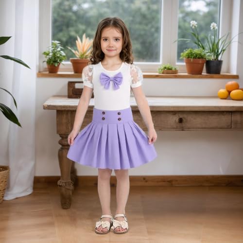 Image of Girls Summer Outfits Toddler Mesh Short Sleeve Ribbed Knit Top Mini Skirt Set Kids Clothes 2-7 Years(Purple, 2-3T)