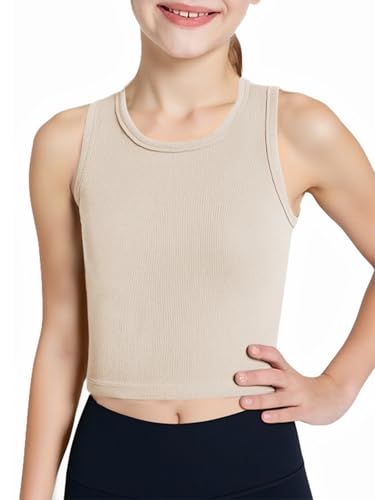 Haloumoning Girls Tank Tops Kids Athletic Ribbed Knit Sleeveless Crop Tops Basic Camisole 5-14 Years Beige