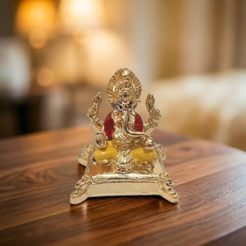 Image of Gold Plated Ganesh Idol | Ganpati Murti for Car Dashboard, Office Desk, Hindu God Gift & Home Decor - Resin (Gold 2 in)
