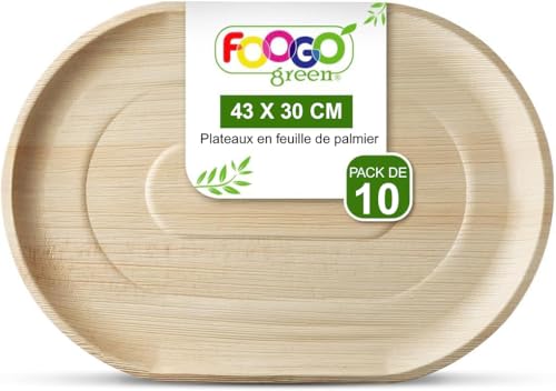 FOOGO Green 10 Plateaux de Service Jetables Feuille de Palmier, Grand Ovale 43x30 cm, Pizza, Entrées, Canapés, Planche Charcuterie, Robuste et Ecologique Comme Plateaux en Bois pour Plats Chauds