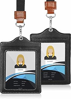 Anoowkoa [2 Pack] Card Holder Vertical PU Leather Badge Holder with 1 Clear ID Card Window 1 Card Slot and 1 Neck Lanyard for Office/School ID Credit Card Driver License - Black