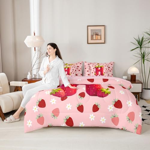 Image of Feelyou Girls Strawberry Full Comforter Set with Sheets for Kids Boys Girls Pink Strawberry 7 Pieces Bedding Set Initial Letter H Bed in a Bag Room Decor Soft Lightweight Microfiber