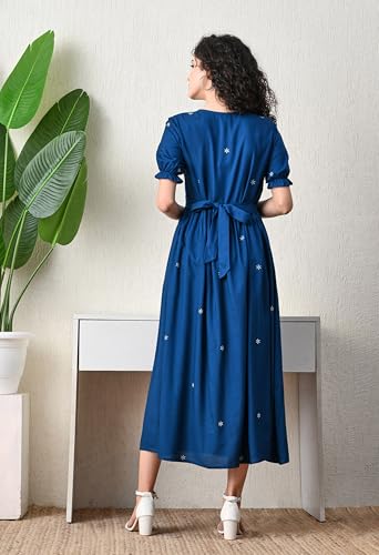 Image of Ichaa Women's Aqua Rayon Printed Maternity Dress with Feeding Zips and Pocket, in Plus Sizes
