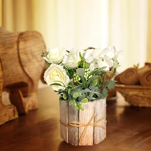 Image of Cortina Wooden W Pot Mixed Flower | Home Decor Items for Living Room Balcony Kitchen Bedroom Office Table Top Decoration - Green, 20X10