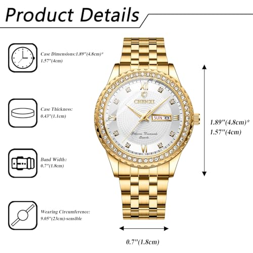 Image of JewelryWe Couple Gold Quartz Watch: Business Analog Full Diamond Day Date 3ATM Waterproof Luminous Hands Stainless Steel Removable Strap Casual Wrist Watch for Father's Day